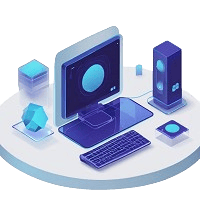 Isometric vector graphic of a modern computer workstation featuring a monitor, keyboard, CPU tower, and floating geometric 3D shapes on a round white platform.