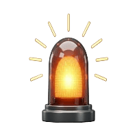 3D digital illustration of a glowing amber-orange emergency beacon siren light emitting bright yellow light rays against a white background.