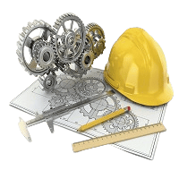 3D graphic of engineering tools, featuring a yellow hard hat next to interlocking metallic gears, a blueprint schematic sheet, a vernier caliper, a ruler, and a pencil.