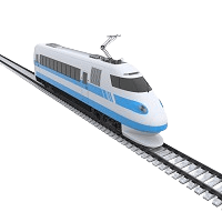 3D digital model of a modern high-speed bullet train featuring a white and light blue body travelling along a single railway track against a plain white background.