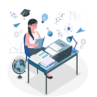 Flat vector illustration of a female student sitting at a study desk reading a book surrounded by textbooks, a laptop, a globe, and floating academic symbols.