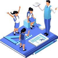 Isometric vector illustration of three school students in blue uniforms interacting with a teacher on a large blue notebook base with set squares, a graded paper, and a pencil.