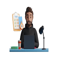 3D character illustration of a young man working on a laptop at a desk with a coffee cup, lamp, and floating test checklist clipboard with a timer.