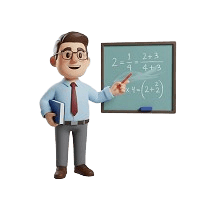 3D character illustration of a male teacher with glasses holding a textbook and pointing a piece of chalk toward a chalkboard with math equations.