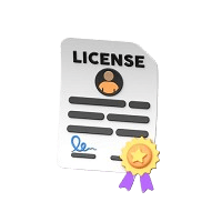 3D digital illustration of an official license document featuring a profile avatar placeholder, text lines, a blue signature, and a gold award ribbon badge.